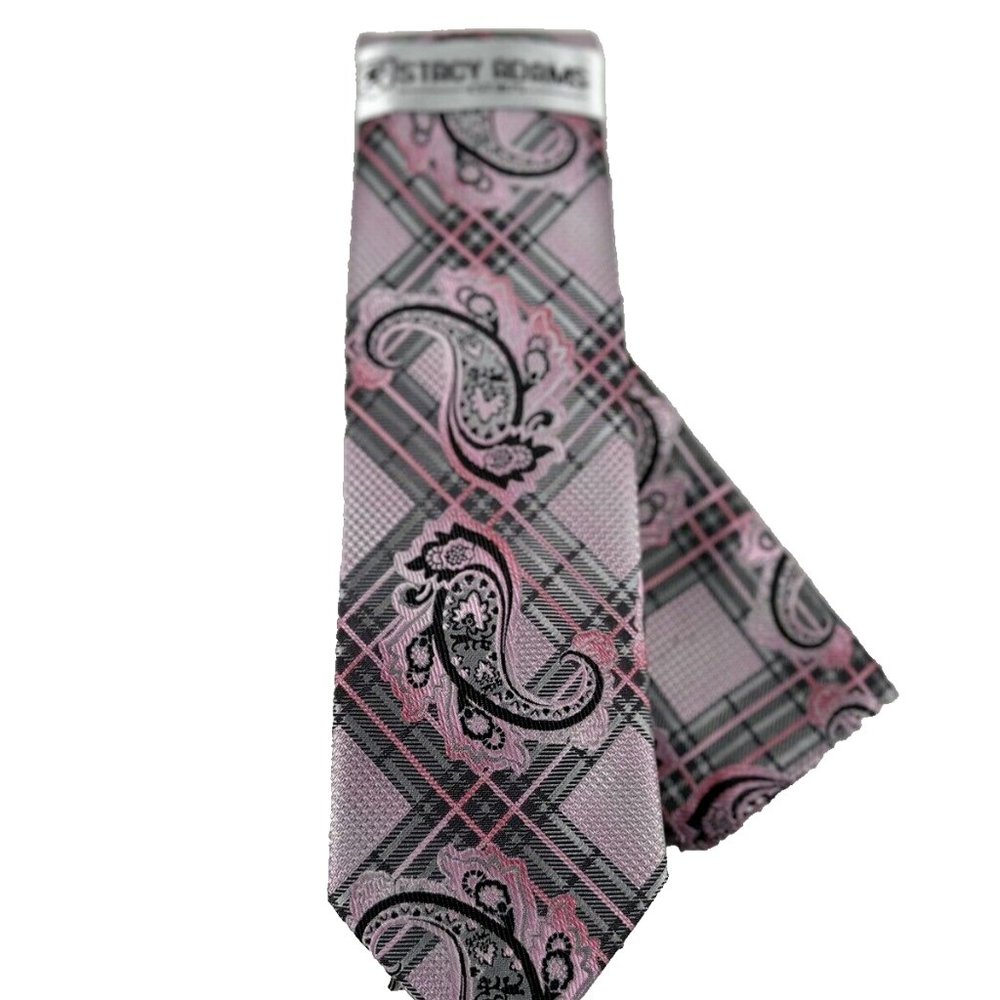 Stacy Adams Men's Tie Hanky Pink Charcoal Gray Silver Plaids Paisley 3.25" Wide